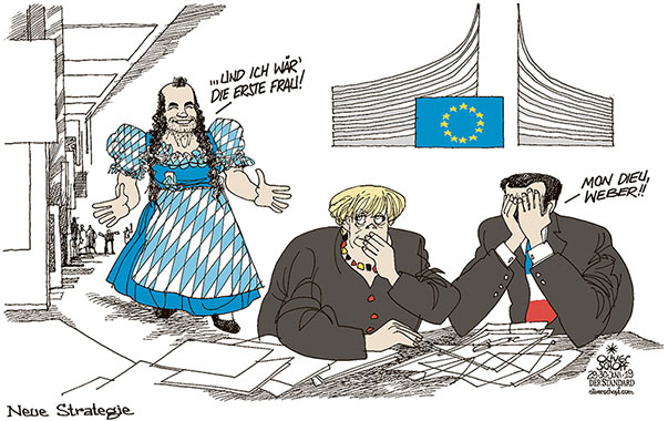  Oliver Schopf, politischer Karikaturist aus Österreich, politische Karikaturen, Illustrationen Archiv politische Karikatur Europa EU-Wahl 2019 EU KOMMISSIONSPRÄSIDENT MACRON WEBER MERKEL FRAUENANTEIL FRAU VERKLIEDEN 
