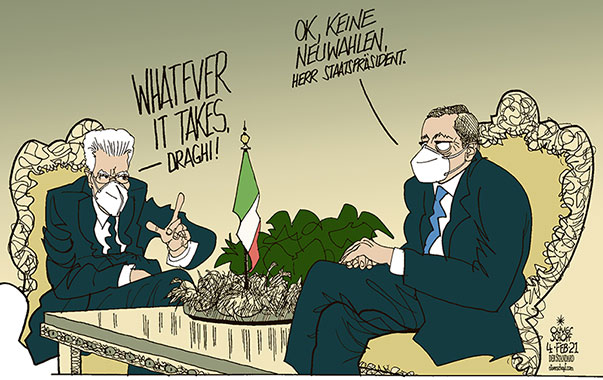 Oliver Schopf, politischer Karikaturist aus Österreich, politische Karikaturen aus Österreich, Karikatur Cartoon Illustrationen Politik Politiker Europa 2021: ITALIEN SERGIO MATTARELLA PRÄSIDENT AUFTRAG REGIERUNGSBILDUNG MARIO DRAGHI MINISTERPRÄSIDENT REGIERUNG EZB WHATEVER IT TAKES COVID MASKE 
