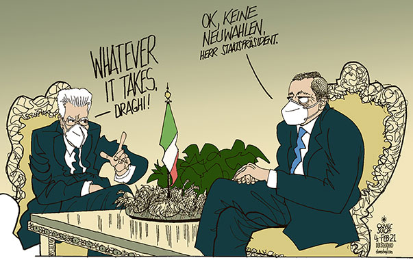 Oliver Schopf, politischer Karikaturist aus Österreich, politische Karikaturen aus Österreich, Karikatur Cartoon Illustrationen Politik Politiker Europa 2021: ITALIEN SERGIO MATTARELLA PRÄSIDENT AUFTRAG REGIERUNGSBILDUNG MARIO DRAGHI MINISTERPRÄSIDENT REGIERUNG EZB WHATEVER IT TAKES COVID MASKE  

 



   