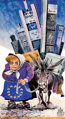  
Oliver Schopf, editorial cartoons from Austria, cartoonist from Austria, Austrian illustrations, illustrator from Austria, editorial cartoon
Europe Economy and Finances  2011 eu merkel greece bank tax-payer donkey jackass bailout
