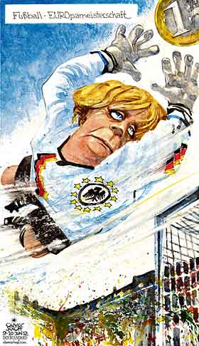  Oliver Schopf, politischer Karikaturist aus Österreich, politische Karikaturen, Illustrationen Archiv politische Karikatur Europa Sport 2012 2012 MERKEL EURO FUSSBALL EM 2012 TORWART PARADE TOR STADION FISKALPAKT BONDS


