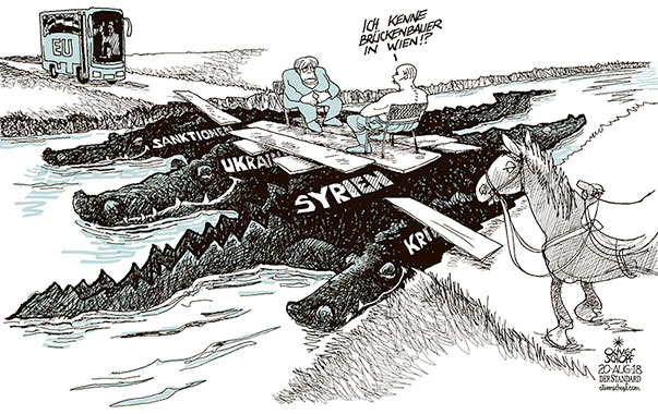 Oliver Schopf, politischer Karikaturist aus Österreich, politische Karikaturen aus Österreich, Karikatur Cartoon Illustrationen Politik Politiker Europa 2018 MERKEL PUTIN EU RUSSLAND TREFFEN GESPRÄCHE BRÜCKE KROKODILE ALLIGATOREN UKRAINE SANKTIONEN KRIM SYRIEN

