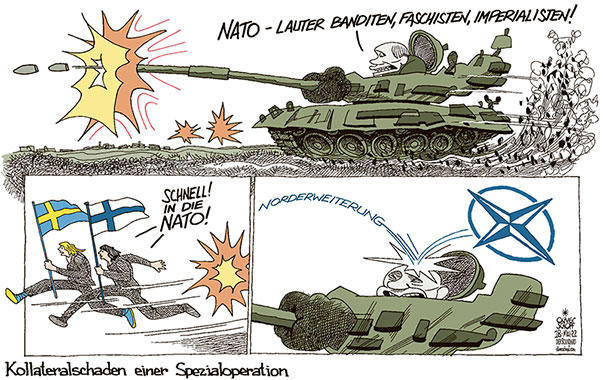 Oliver Schopf, politischer Karikaturist aus Österreich, politische Karikaturen aus Österreich, Karikatur Cartoon Illustrationen Politik Politiker Europa 2022: NATO BEITRITT ANTRAG SCHWEDEN FINNLAND SWEDEN FINLAND NORDERWEITERUNG UKRAINE KRIEG PUTIN PANZER KOLLATERALSCHADEN SPEZIALOPERATION 

