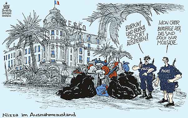  Oliver Schopf, politischer Karikaturist aus Österreich, politische Karikaturen, Illustrationen Archiv politische Karikatur Europa Terror und Sicherheit 2016 FRANKREICH NIZZA TERROR ANSCHLAG POLIZEI BURKINI BURKA STRAND MÜLLSÄCKE AUSNAHMEZUSTAND


 


