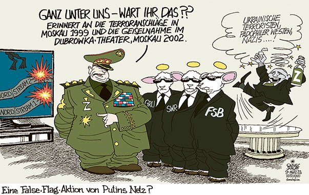 Oliver Schopf, politischer Karikaturist aus Österreich, politische Karikaturen aus Österreich, Karikatur Cartoon Illustrationen Politik Politiker Europa 2023: RUSSLAND GAS NORD STRAEM PIPELINE SPRENGUNG PRO-UKRAINISCH PUTIN ARMEE GENERAL GEHEIMDIENSTE KGB FSB SWR GRU UNSCHULDSLAMM UKRAINE KRIEG Z KREML TISCH CATHRINE BELTON PUTINS NETZ BUCH FALSE FLAG

