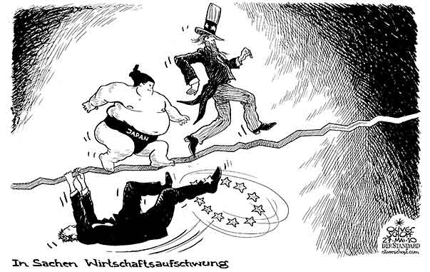 Oliver Schopf, politischer Karikaturist aus Österreich, politische Karikaturen aus Österreich, Karikatur Illustrationen Politik Politiker Europa 2010: oecd wirtschaft aufschwung eu japan usa sumoringer uncle sam