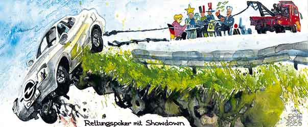 Oliver Schopf, editorial cartoons from Austria, cartoonist from Austria, Austrian illustrations, illustrator from Austria, editorial cartoon 
Europe 2009: eu european union germany, opel, rescue emergency on the brick of debacle , general motors, opel towed by frank stronach ceo magna crysler on the brick of desaster
