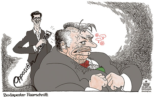 Oliver Schopf politische Karikatur: Der oppositionelle Gergely Karácsony gewinnt die Bürgermeisterwahl in Budapest und fügt damit FIDESZ unter Premier Orbán eine deutliche Niederlage zu.
Oliver Schopf, politischer Karikaturist aus Österreich, politische Karikaturen aus Österreich, Karikatur Cartoon Illustrationen Politik Politiker Europa 2019 UNGARN WAHLEN BUDAPEST BÜRGERMEISTER GERGELY KARACSONY VIKTOR ORBÁN OPPOSITION HAARSCHNITT RASIERAPPARAT STUTZEN