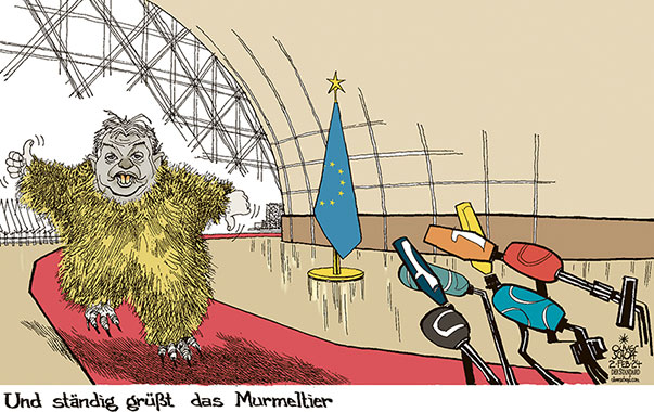 Oliver Schopf, politischer Karikaturist aus Österreich, politische Karikaturen aus Österreich, Karikatur Cartoon Illustrationen Politik Politiker Europa 2024: VIKTOR ORBÁN EUROPÄISCHE UNION RATSGEBÄUDE BRÜSSEL EUROPÄISCHER RAT GIPFEL UND TÄGLICH GRÜSST DAS MURMELTIER MURMELTIERTAG VETO ZUSTIMMUNG 



 















