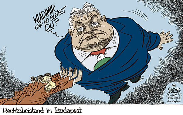 Oliver Schopf, politischer Karikaturist aus Österreich, politische Karikaturen aus Österreich, Karikatur Cartoon Illustrationen Politik Politiker Europa @oliverschopf.bsky.social 2026: UNGARN WAHLEN VIKTOR ORBÁN WAHLKAMPF BUDAPEST UNTERSTÜTZUNG RECHTSPARTEIEN RECHTSPOPULISTEN WILDERS LE PEN SALVINI KICKL BRAUN 












 



