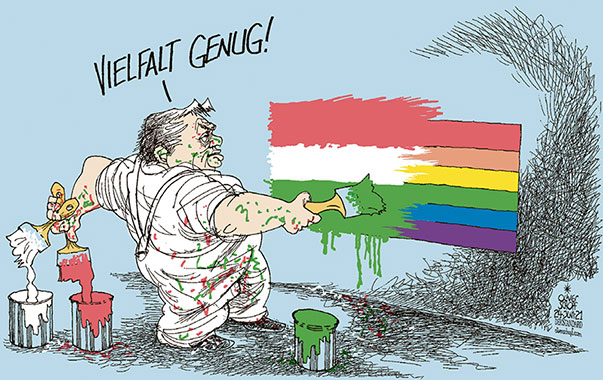 Oliver Schopf, politischer Karikaturist aus Österreich, politische Karikaturen aus Österreich, Karikatur Cartoon Illustrationen Politik Politiker Europa 2021: UNGARN VIKTOR ORBÁN LGBTIQ REGENBOGENFAHNE GESETZ ÜBERMALEN VIELFALT DIVERSITY FARBE



