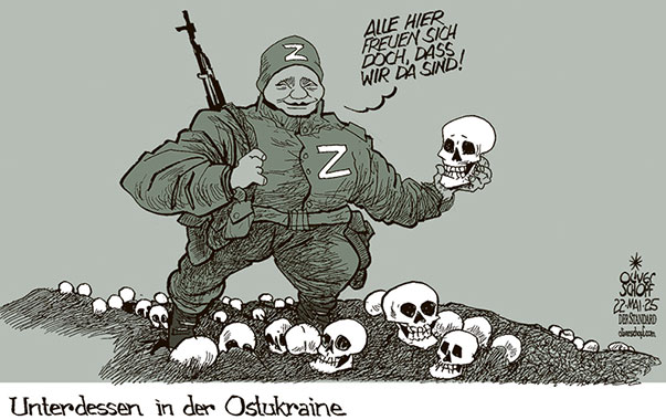 Oliver Schopf, politischer Karikaturist aus Österreich, politische Karikaturen aus Österreich, Karikatur Cartoon Illustrationen Politik Politiker Europa @oliverschopf.bsky.social 2025: UKRAINE KRIEG OSTUKRAINE PUTIN BESATZUNG TOTE SCHÄDEL LACHEN 







 



