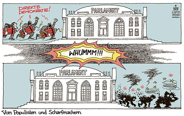 Oliver Schopf politische Karikatur: Wie Großbritannien und Italien zeigen, lassen sich die nationalen Parlamente nicht so leicht von den demagogischen Populisten gängeln und austricksen.
Oliver Schopf, politischer Karikaturist aus Österreich, politische Karikaturen aus Österreich, Karikatur Cartoon Illustrationen Politik Politiker Europa 2019 PARLAMENT POPULISTEN DEMAGOGEN SCHARFMACHER SPRENGMEISTER DYNAMIT EXPLOSION DIREKTE DEMOKRATIE