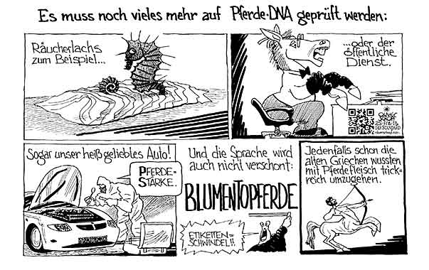  Oliver Schopf, politischer Karikaturist aus Österreich, politische Karikaturen, Illustrationen Archiv politische Karikatur Europa 
Lebensmittelskandale 2013 PFERDEFLEISCH LEBENSMITTEL DANN PROBEN PRUEFEN RAEUCHERLACHS SEEPFERD AMTSSCHIMMEL PFERDESTAERKE ZENTAUR

