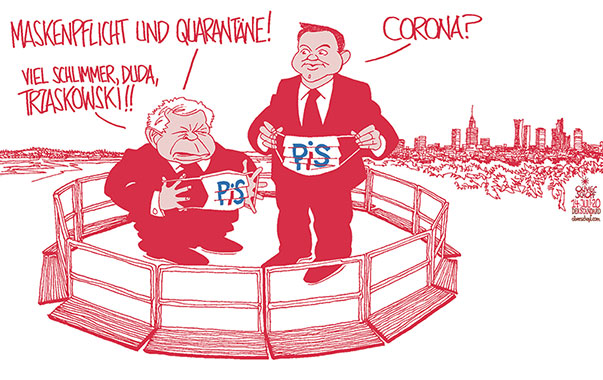  Oliver Schopf, politischer Karikaturist aus Österreich, politische Karikaturen, Illustrationen Archiv politische Karikatur Europa Polen
2020 POLEN PRÄSIDENTENWAHL ANDRZEJ DUDA JAROSLAW KACZYNSKI PiS PARTEI TRZASKOWSKI BÜRGERMEISTER LIBERAL CORONA VIRUS MASKE QUARANTÄNE WARSCHAU
