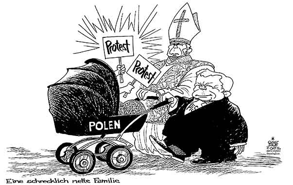  Oliver Schopf, politischer Karikaturist aus Österreich, politische Karikaturen, Illustrationen Archiv politische Karikatur Europa Polen
2016 POLEN KIRCHE PIS PARTEI ABTREIBUNG KIND KINDERWAGEN FAMILIE JAROSLAW KACZYNSKI
