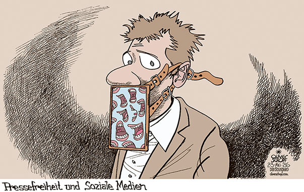 Oliver Schopf, politischer Karikaturist aus Österreich, politische Karikaturen aus Österreich, Karikatur Cartoon Illustrationen Politik Politiker Europa @oliverschopf.bsky.social 2026: INTERNATIONALER TAG DER PRESSEFREIHEIT SOZIALE MEDIEN INTERNET MAULKORB REDEFREIHEIT WAHRHEIT LÜGE














 



