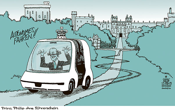  Oliver Schopf, politischer Karikaturist aus Österreich, politische Karikaturen, Illustrationen Archiv politische Karikatur Europa Great Britain UK England Schottland Irland 2019 GROSSBRITANNIEN ROYALS PRINZ PHILIP SCHLOSS WINDSOR CASTLE PARK AUTO UNFALL FÜHRERSCHEIN AUTONOMES FAHREN SELBSTFAHRENDES FAHRZEUG

