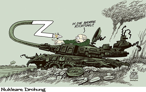 Oliver Schopf, politischer Karikaturist aus Österreich, politische Karikaturen aus Österreich, Karikatur Cartoon Illustrationen Politik Politiker Europa 2022: UKRAINE KRIEG PUTIN ATOMWAFFEN DROHUNG TEILMOBILMACHUNG PANZER ANGST Z 




