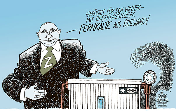 Oliver Schopf, politischer Karikaturist aus Österreich, politische Karikaturen aus Österreich, Karikatur Cartoon Illustrationen Politik Politiker Europa 2022: PUTIN ENERGIE GAS WINTER HEIZEN HEIZKÖRPER KÄLTE FERNWÄRME UKRAINEKRIEG Z 

