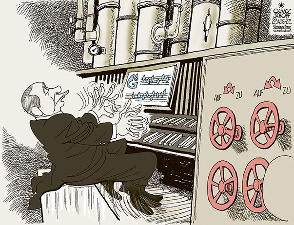 Oliver Schopf, politischer Karikaturist aus Österreich, politische Karikaturen aus Österreich, Karikatur Cartoon Illustrationen Politik Politiker Europa 2022: PUTIN UKRAINEKRIEG ENERGIE GAS GAZPROM NORD STREAM 1 GASHAHN AUFDREHEN ZUDREHEN ORGEL ORGANIST REGISTER PFEIFEN MANUAL 

