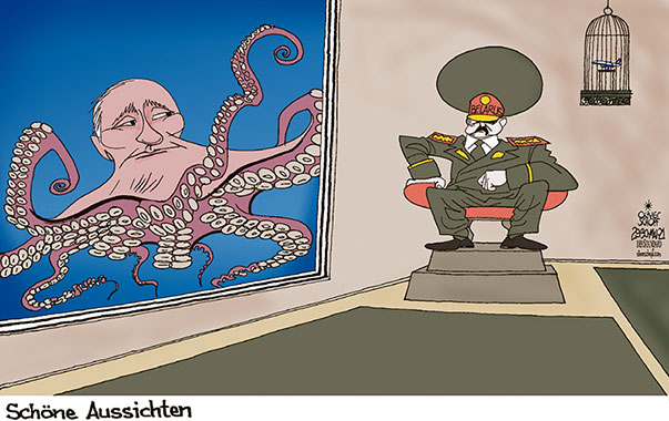 Oliver Schopf, politischer Karikaturist aus Österreich, politische Karikaturen aus Österreich, Karikatur Cartoon Illustrationen Politik Politiker Europa 2021: BELARUS WEISSRUSSLAND RUSSLAND  LUKASCHENKO PUTIN FLUGZEUG ABGEFANGEN DIKTATOR VOGELKÄFIG OKTOPUS KRAKE WASSER FENSTER AUSSICHTEN
