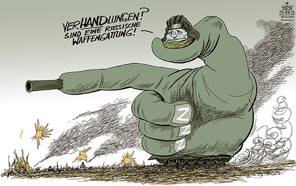 Oliver Schopf, politischer Karikaturist aus Österreich, politische Karikaturen aus Österreich, Karikatur Cartoon Illustrationen Politik Politiker Europa 2023: UKRAINE KRIEG EIN JAHR VERHANDLUNGEN PUTIN PANZER Z HAND FINGER WAFFENSYSTEME FINGERNAGEL 
