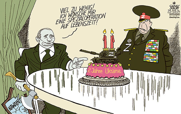 Oliver Schopf, politischer Karikaturist aus Österreich, politische Karikaturen aus Österreich, Karikatur Cartoon Illustrationen Politik Politiker Europa 2024: UKRAINE KRIEG JAHRESTAG 2 JAHRE PUTIN GEBURTSTAGSTORTE SPEZIALOPERATION NAWALNY HACKBEIL TISCH KREML GENERAL Z



 















