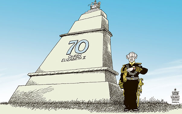 Oliver Schopf, editorial cartoons from Austria, cartoonist from Austria, Austrian illustrations, illustrator from Austria, editorial cartoon politics politician Europe, Cartoon Arts International, 2022: GREAT BRITAIN QUEEN ELIZABETH II PRINCE CHARLES JUBILEE 70 MONUMENT SUCCESSION TIME WATCH 


