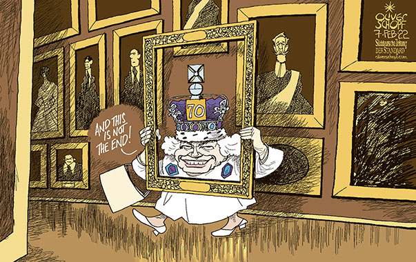 Oliver Schopf, editorial cartoons from Austria, cartoonist from Austria, Austrian illustrations, illustrator from Austria, editorial cartoon politics politician Europe, Süddeutsche Zeitung Meinung Seite 4, Cartoon Arts International, 2022: GREAT BRITAIN QUEEN ELIZABETH II CORONATION PLATINUM JUBILEE CROWN GALLERY OF ANCESTRAL PORTRAITS FRAME GO ON THIS IS NOT THE END 

