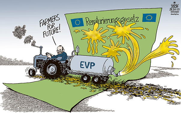 Oliver Schopf, politischer Karikaturist aus Österreich, politische Karikaturen aus Österreich, Karikatur Cartoon Illustrationen Politik Politiker Europa 2023: EUROPÄISCHE UNION EU RENATURIERUNGSGESETZ EUROPÄISCHE VOLKSPARTEI EVP MANFRED WEBER BAUERN LANDWIRTSCHAFT TRAKTOR GÜLLE JAUCHE JAUCHENWAGEN  










