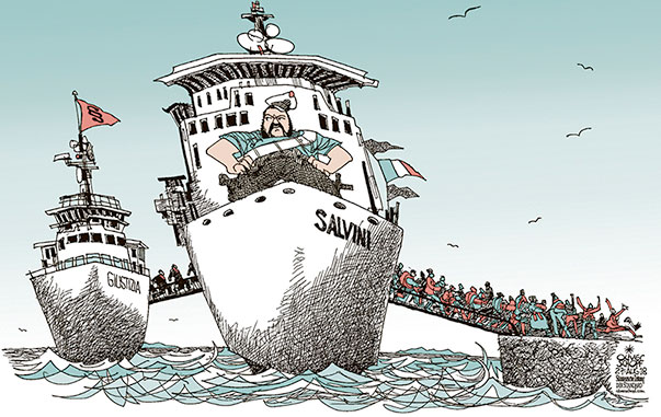 Oliver Schopf, politischer Karikaturist aus Österreich, politische Karikaturen aus Österreich, Karikatur Cartoon Illustrationen Politik Politiker Europa 2018 ITALIEN MATTEO SALVINI INNENMINSITER FLÜCHTLINGE MITTELMEER DICIOTTI SCHIFF STAATSANWALTSCHAFT UNTERSUCHUNGEN ERMITTLUNGEN 
