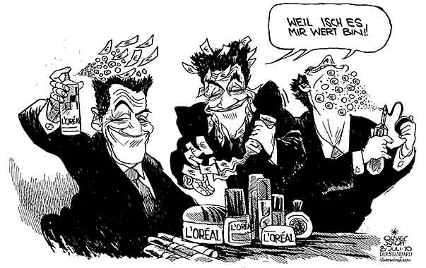 Oliver Schopf politische Karikatur: Frankreich - Sarkozy und die Bettencourt-Affäre Oliver Schopf, politischer Karikaturist aus Österreich, politische Karikaturen, Illustrationen Archiv politische Karikatur Europa Frankreich 2010 frankreich sarkozy l’oreal wahlspenden beauty spray creme eau de toilette