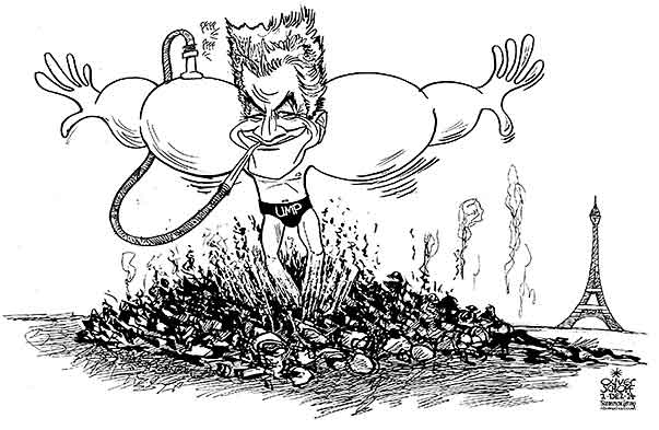  Oliver Schopf, politischer Karikaturist aus Österreich, politische Karikaturen, Illustrationen Archiv politische Karikatur Europa Frankreich 2014 FRANKREICH NICOLAS SARKOZY UMP VORSITZ WIEDERKANDIDATUR PRAESIDENT PHOENIX ASCHE LUFT PUMPE AUFBLASEN

