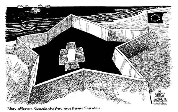  Oliver Schopf, politischer Karikaturist aus Österreich, politische Karikaturen, Illustrationen Archiv politische Karikatur Europa Schweiz
2014 SCHWEIZ ZUWANDERER REFERENDUM SVP QUOTE EU FESTUNG FLUECHTLINGE
  

