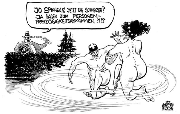 Oliver Schopf, editorial cartoons from Austria, cartoonist from Austria, Austrian illustrations, illustrator from Austria, editorial cartoon 
Europe 2008: european union eu   swizterland europena union as naked people dancing in their garden an austrian neighbor shouting Swiss are you crazy? liberation for trade employment in switzerland
