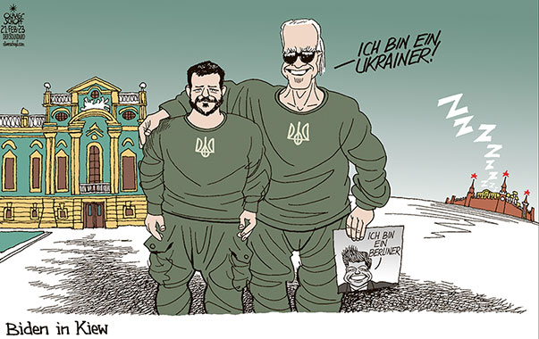 Oliver Schopf, politischer Karikaturist aus Österreich, politische Karikaturen aus Österreich, Karikatur Cartoon Illustrationen Politik Politiker Europa 2023: UKRAINE SELENSKYJ JOE BIDEN BESUCH KIEW PRÄSIDENTENPALAST KENNEDY REDE BERLIN ICH BIN EIN BERLINER KREML PUTIN Z 








