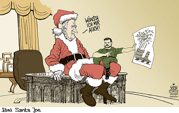 Oliver Schopf, politischer Karikaturist aus Österreich, politische Karikaturen aus Österreich, Karikatur Cartoon Illustrationen Politik Politiker Europa 2022: UKRAINE SELENSKYJ USA JOE BIDEN BESUCH WEISSES HAUS OVAL OFFICE WEIHNACHTEN SANTA CLAUSE WEIHNACHTSMANN WUNSCHZETTEL WAFFENLIEFERUNG PATRIOT 




