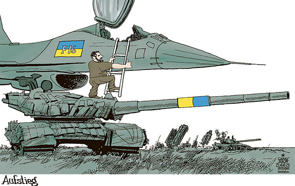 Oliver Schopf, politischer Karikaturist aus Österreich, politische Karikaturen aus Österreich, Karikatur Cartoon Illustrationen Politik Politiker Europa 2023: UKRAINE WOLODIMIR SELENSKYJ KRIEG KAMPFJET F-16 LIEFERUNG AUFSTIEG NIEDERLANDE DÄNEMARK USA
