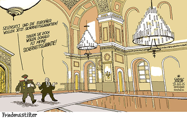 Oliver Schopf, politischer Karikaturist aus Österreich, politische Karikaturen aus Österreich, Karikatur Cartoon Illustrationen Politik Politiker Europa @oliverschopf.bsky.social 2025: UKRAINE FRIEDEN FRIEDENSSTIFTER GIPFEL ANCHORAGE PUTIN TRUMP SICHERHEITSGARANTIEN SELENSKYJ EU KREML PALAST 









 



