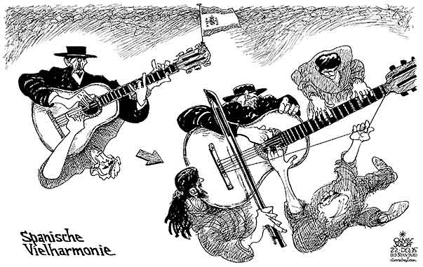  Oliver Schopf, politischer Karikaturist aus Österreich, politische Karikaturen, Illustrationen Archiv politische Karikatur Europa Spanien 2015 SPANIEN PARLAMENTSWAHLEN PP PSOE PODEMOS CIUDADANOS PABLO IGLESIAS GITARRE FLAMENCO PHILHARMONIE 


