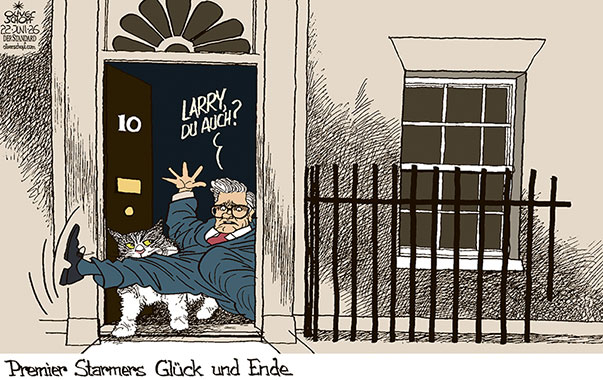 Oliver Schopf, politischer Karikaturist aus Österreich, politische Karikaturen aus Österreich, Karikatur Cartoon Illustrationen Politik Politiker Europa @oliverschopf.bsky.social 2026: GROSSBRITANNIEN LONDON 10 DOWNING STREET PREMIERMINISTER KEIR STARMER KATZE LARRY CHIEF MOUSER RÜCKTRITT ENDE














 



