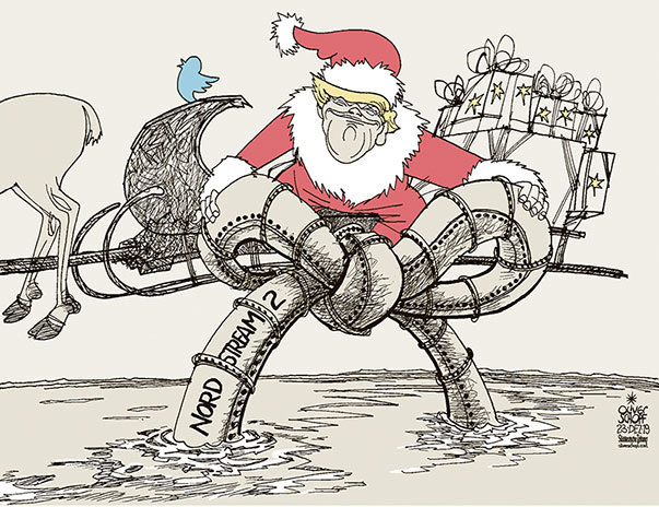 Oliver Schopf, politischer Karikaturist aus Österreich, politische Karikaturen aus Österreich, Karikatur Cartoon Illustrationen Politik Politiker Europa Süddeutsche Zeitung 2019: NORD STREAM 2 GAS PIPELINE RUSSLAND DEUTSCHLAND TRUMP SANKTIONEN WEIHNACHTEN SANTA CLAUSE KNOPF KNOTEN MASCHE GESCHENKBAND OSTSEE



