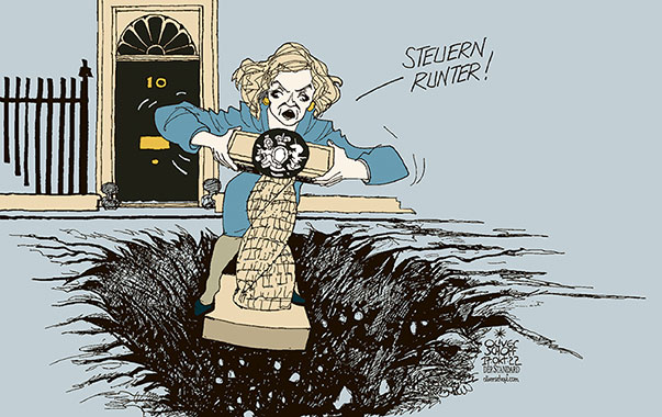 Oliver Schopf, politischer Karikaturist aus Österreich, politische Karikaturen aus Österreich, Karikatur Cartoon Illustrationen Politik Politiker Europa 2022: GROSSBRITANNIEN LIZ TRUSS STEUERSENKUNG STEUERN RUNTER REICHE 10 DOWNING STREET REDNERPULT ANKÜNDIGUNG ERDLOCH LOCH 


