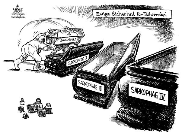  Oliver Schopf, politischer Karikaturist aus Österreich, politische Karikaturen aus Österreich, Karikatur Illustrationen Europa 2009: ewige sicherheit für 
tschernobyl sarkopharg beton strahlung unfall jubiläum
   
