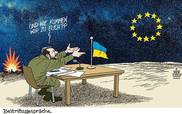 Oliver Schopf, politischer Karikaturist aus Österreich, politische Karikaturen aus Österreich, Karikatur Cartoon Illustrationen Politik Politiker Europa 2023: UKRAINE EU FLAGGE FAHNE SELENSKYJ BEITRITT MITGLIED MITGLIEDSCHAFT BEITRITTSGESPRÄCHE BEITRITTSVERHANDLUNGEN EUROPÄISCHE KOMMISSION STERNE STERNENHIMMEL MILCHSTRASSE GALAXIE ENTFERNUNG LICHTJAHRE 












