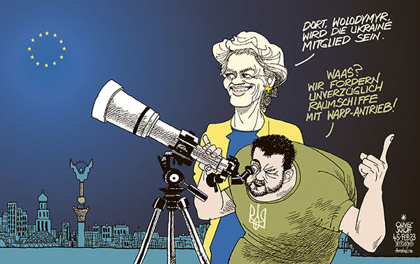 Oliver Schopf, politischer Karikaturist aus Österreich, politische Karikaturen aus Österreich, Karikatur Cartoon Illustrationen Politik Politiker Europa 2023: UKRAINE EU BEITRITT URSULA VON DER LEYEN UVDL WOLODYMYR SELENSKYJ STERNE WELTRAUM WARP ANTRIEB TELESKOP BEOBACHTEN RAUM ZEIT ENTFERNUNG DAUER
