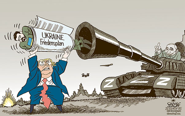Oliver Schopf, politischer Karikaturist aus Österreich, politische Karikaturen aus Österreich, Karikatur Cartoon Illustrationen Politik Politiker Europa @oliverschopf.bsky.social 2025: UKRAINE KRIEG FRIEDENSPLAN 28 PUNKTE TRUMP PUTIN SELENSKYJ KANONENFUTTER IN PAPIER EINWICKELN PANZER 










 



