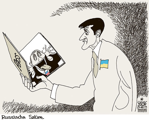  Oliver Schopf, politischer Karikaturist aus Österreich, politische Karikaturen, Illustrationen Archiv politische Karikatur Europa Ukraine 2019 UKRAINE REISEPASS WOLODYMYR SELENSKYJ PUTIN SATIRE PASSFOTO  
