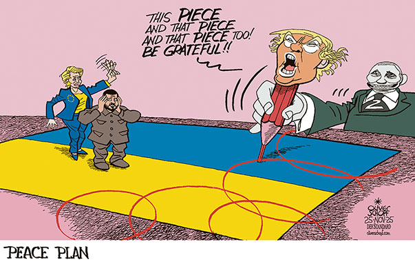 Oliver Schopf, politischer Karikaturist aus Österreich, politische Karikaturen aus Österreich, Karikatur Cartoon Illustrationen Politik Politiker Europa @oliverschopf.bsky.social 2025: UKRAINE FRIEDENSPLAN PEACE PLAN PIECE GEBIETE ABTRETUNGEN TRUMP PUTIN ZELENSKYJ VON DER LEYEN ROTSTIFT DANKBARKEIT










 



